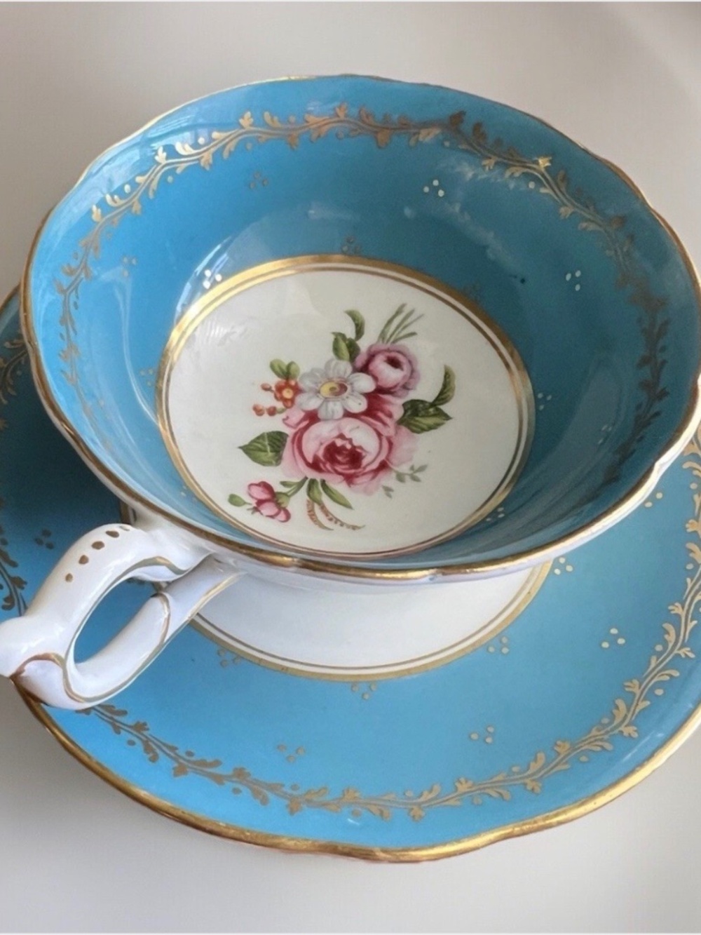 RARE Antique Coalport Teacup Saucer Set Turquoise Blue Gold Gilt Floral